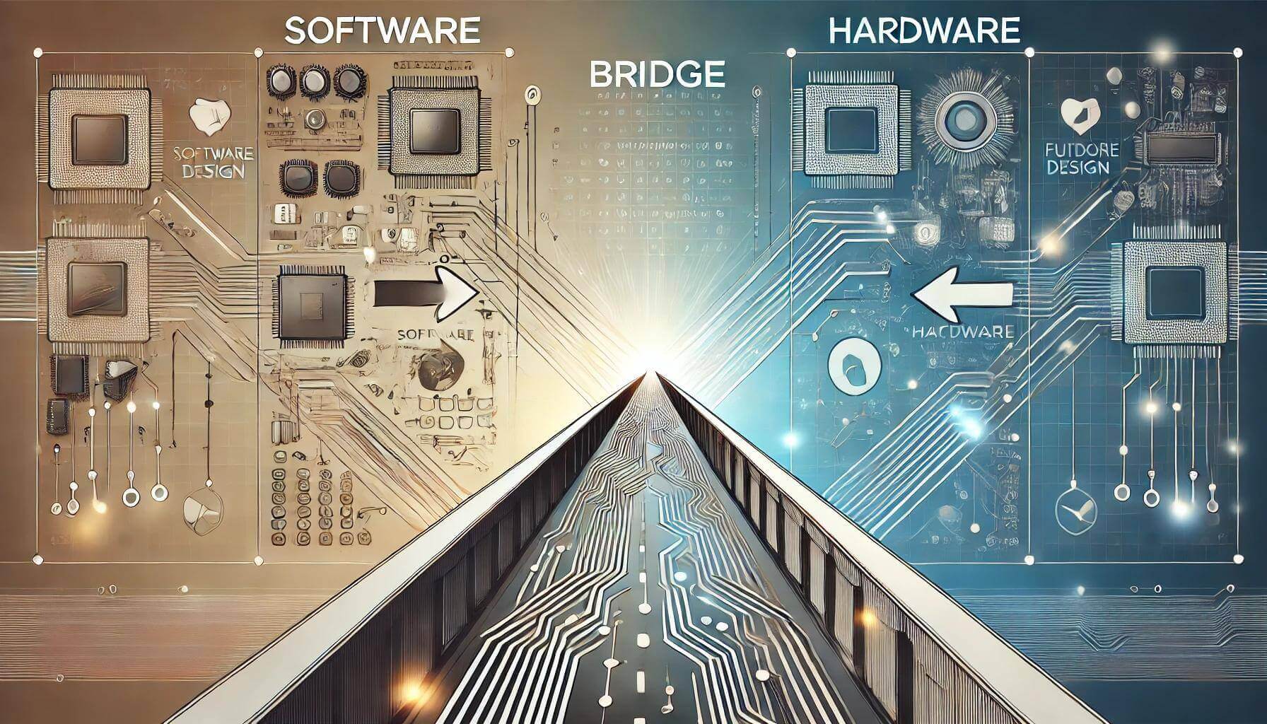 comic-style image depicting the bridge between Software and Hardware design